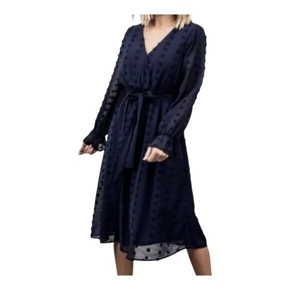 Baltic Born Dresses & Skirts - Baltic Born Paisley Swiss Dot Navy Blue Size Large V-Neck Midi Dress